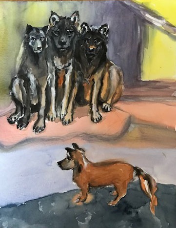 Buch-2-Fabel-7-Die-Huendin-und-ihre-gute-Freundin-Aquarell-MT-2026-40x50-cm
