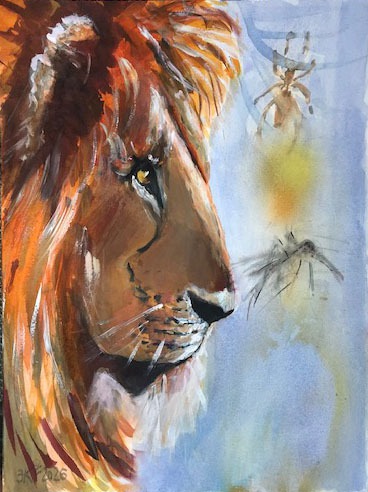 Buch-2-Fabel-9-Der-Loewe-und-die-Schnake-Aquarell-MT-2026-36x48-cm