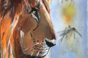 Buch-2-Fabel-9-Der-Loewe-und-die-Schnake-Aquarell-MT-2026-36x48-cm